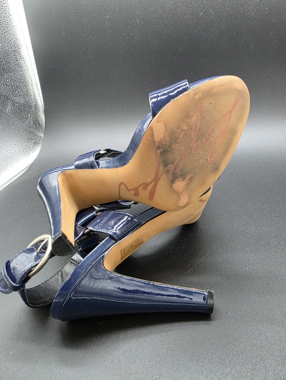 Karl Lagerfeld Navy Patent Leather High Heel Sandals 37/US7 - Picture 5 of 5